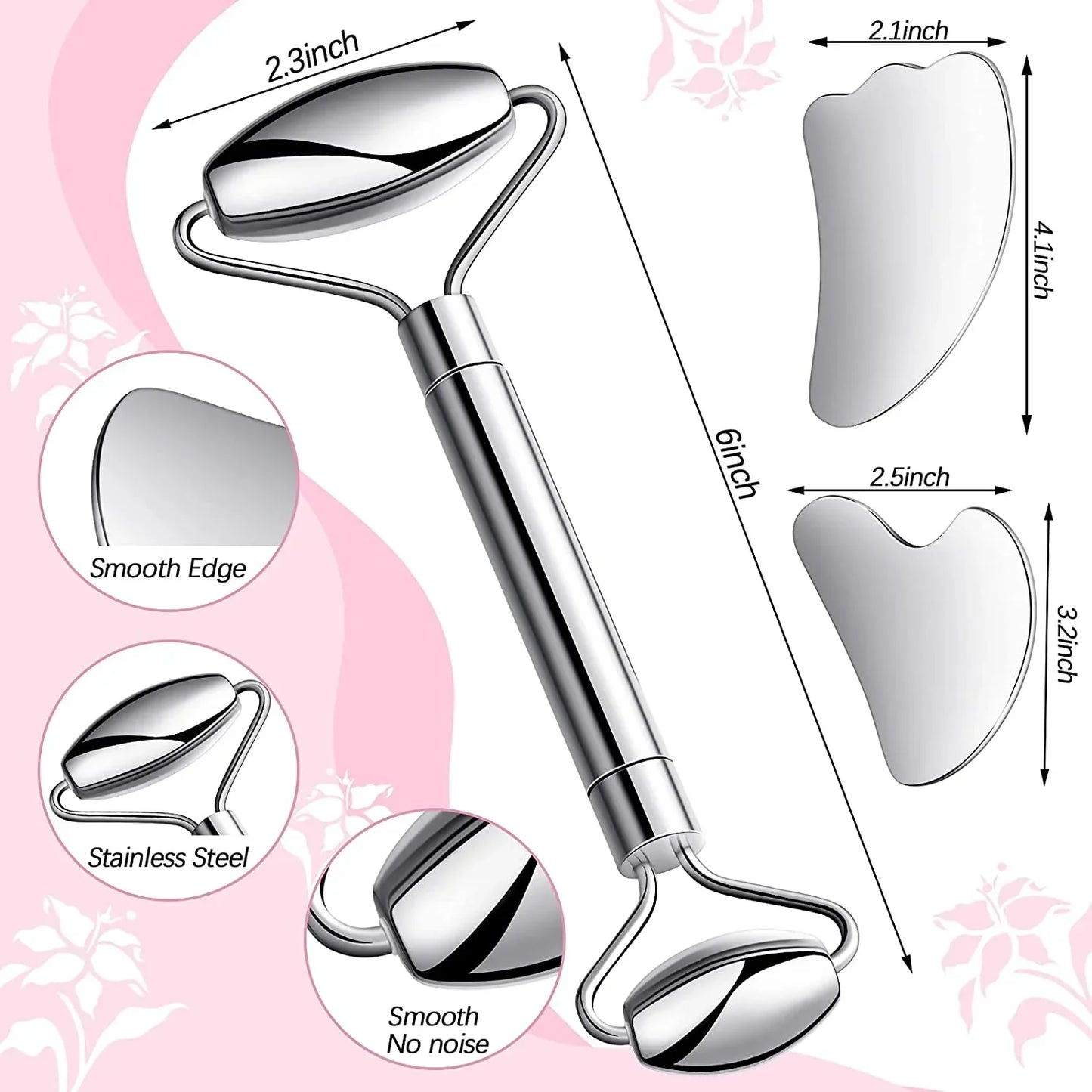 Stainless Steel Face Roller + Gua Sha Tool